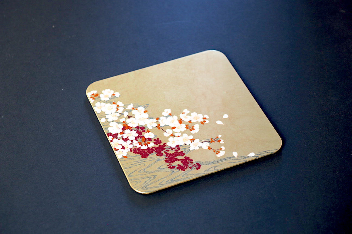 Gold Leaf Coaster - Cherry Blossom over waterflow (9.5cm x 9.5cm)