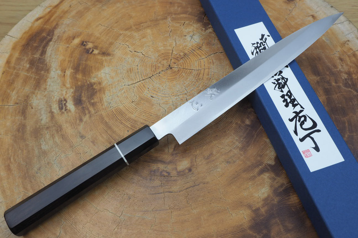 残心 Zan Shin (by Shigeki Tanaka) - Hand Forged Ginsan-Silver3 Steel Yanagiba Sashimi Knife with Ebony Handle (24cm/27cm)