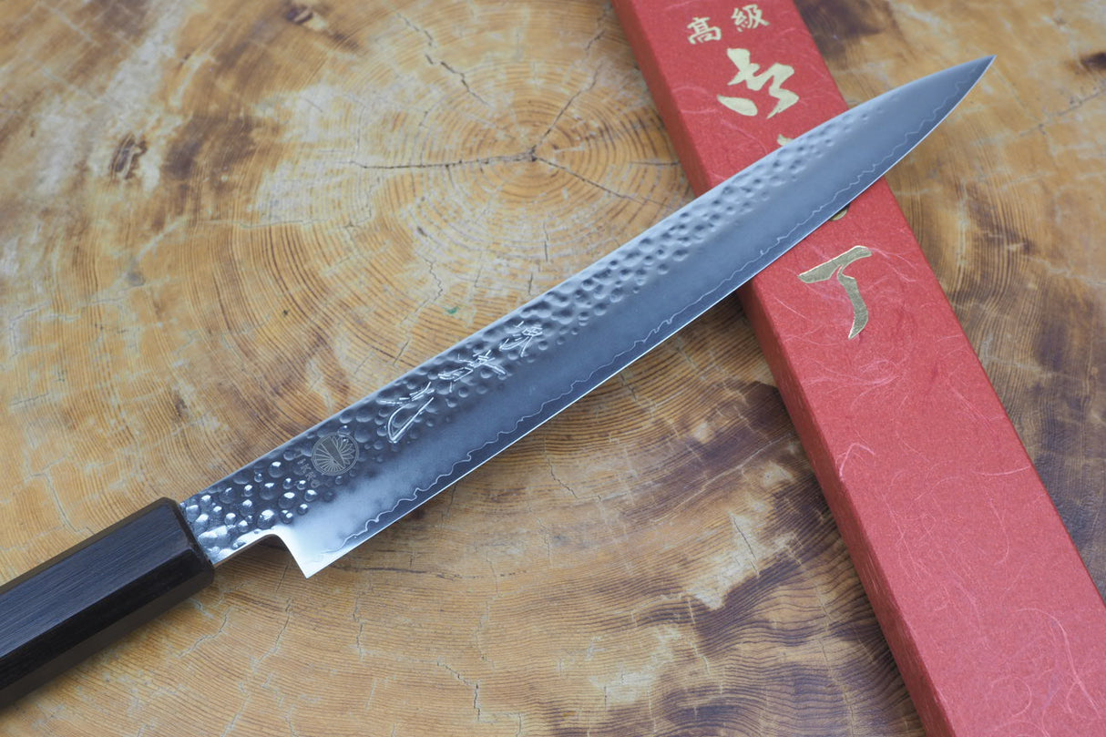 Sakai Jikko "Loco Black" Wa-Sujihiki (Carving/Slicer) VG10 Core Hammered Finish Black Japanese Oak Handle (24cm)