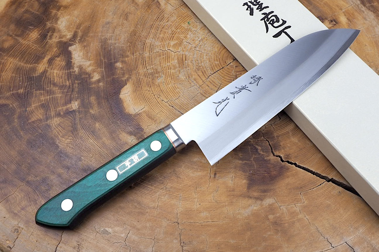 Sakai Jikko "Aogami" Blue-2 Steel Santoku Knife with Green Plywood handle (16.5cm)