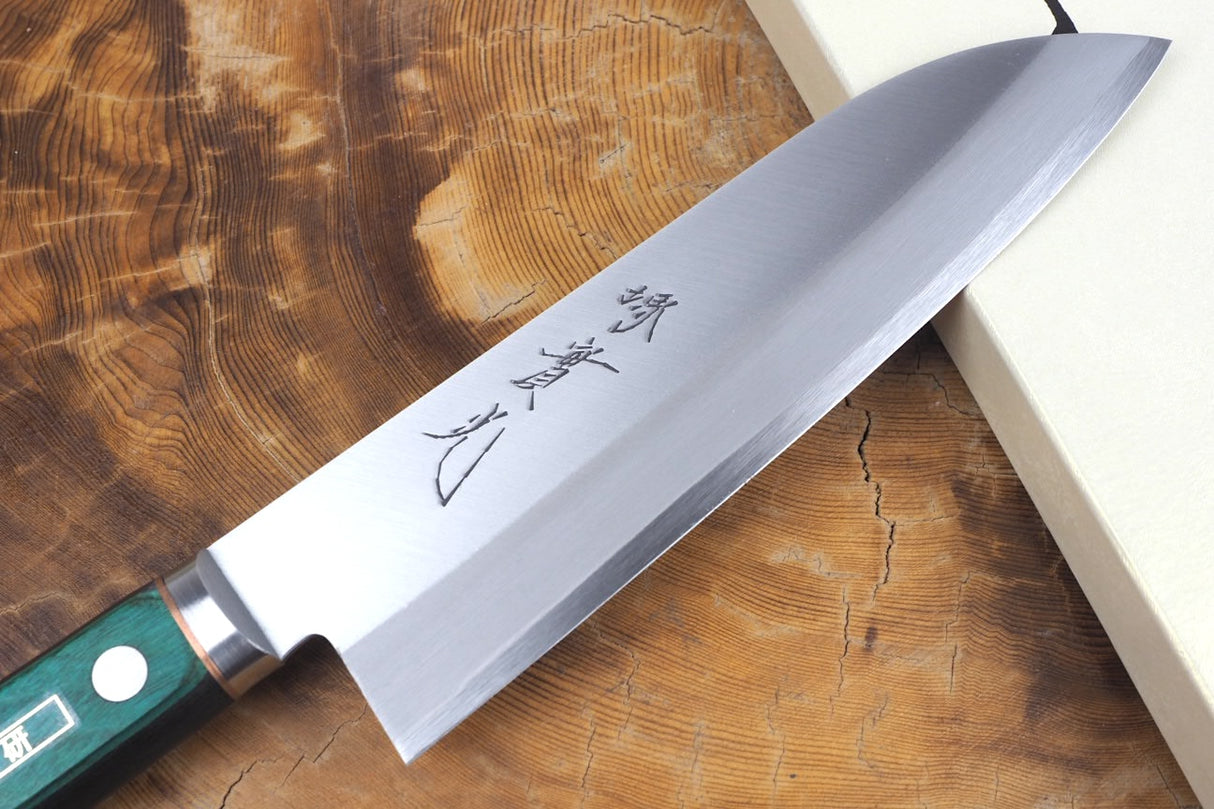 Sakai Jikko "Aogami" Blue-2 Steel Santoku Knife with Green Plywood handle (16.5cm)