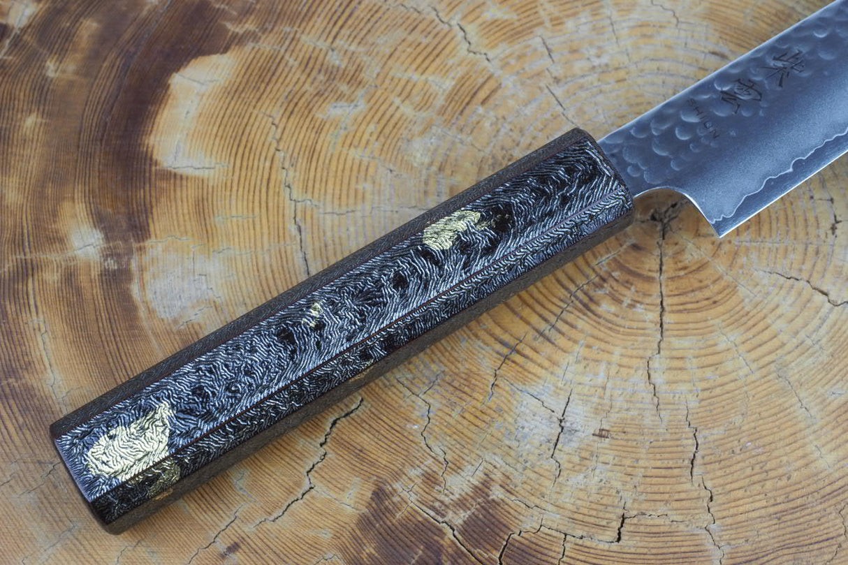 Seki Kanetsugu - Shiun Petty Knife 15cm VG10 Steel with Gold Leaf on Silver Lacquer Oak Handle