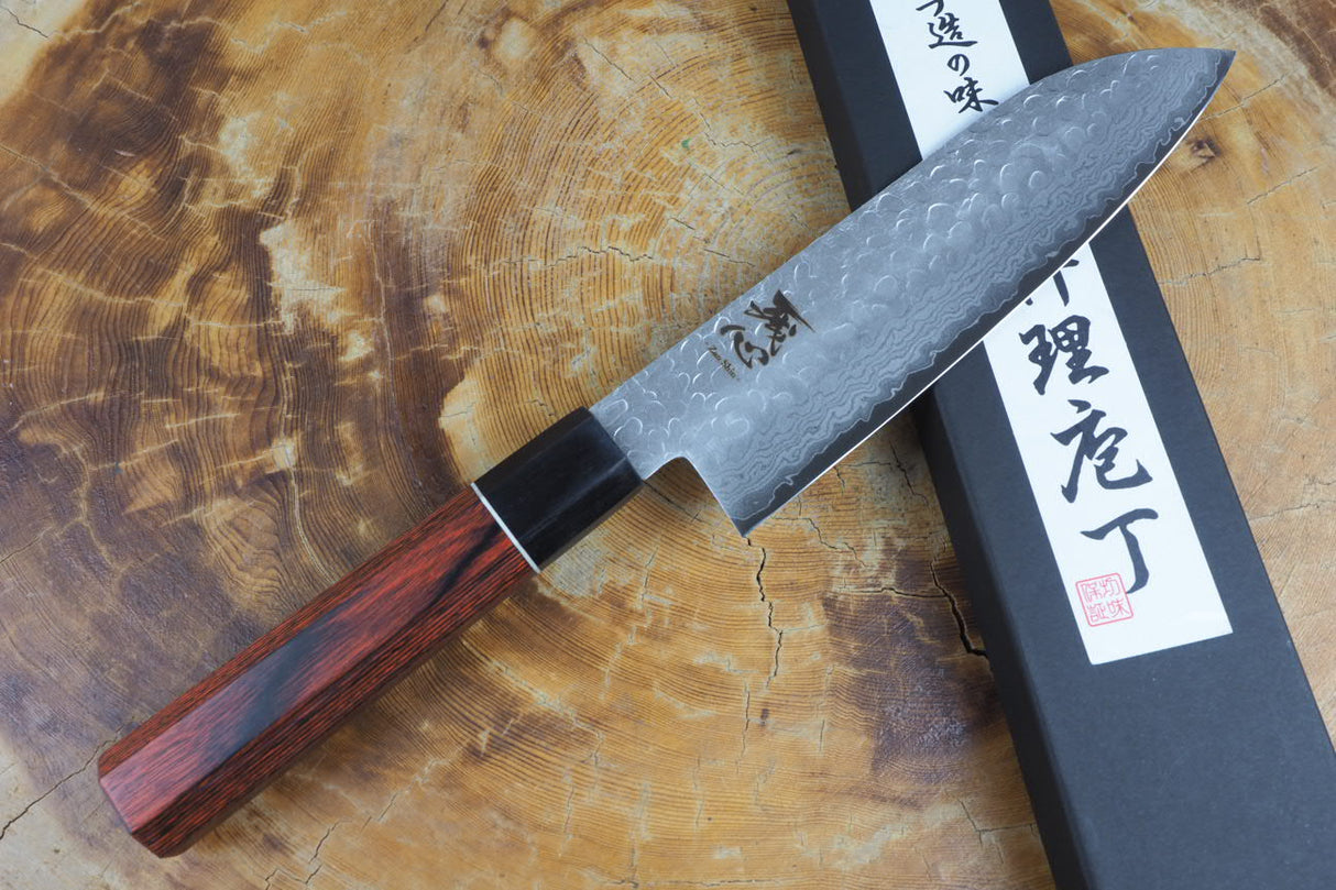 残心 Zan Shin Akatsuki (from Seki) - VG10 Santoku Knife Damascus Hammered Finish 17cm with Mahogany Handle