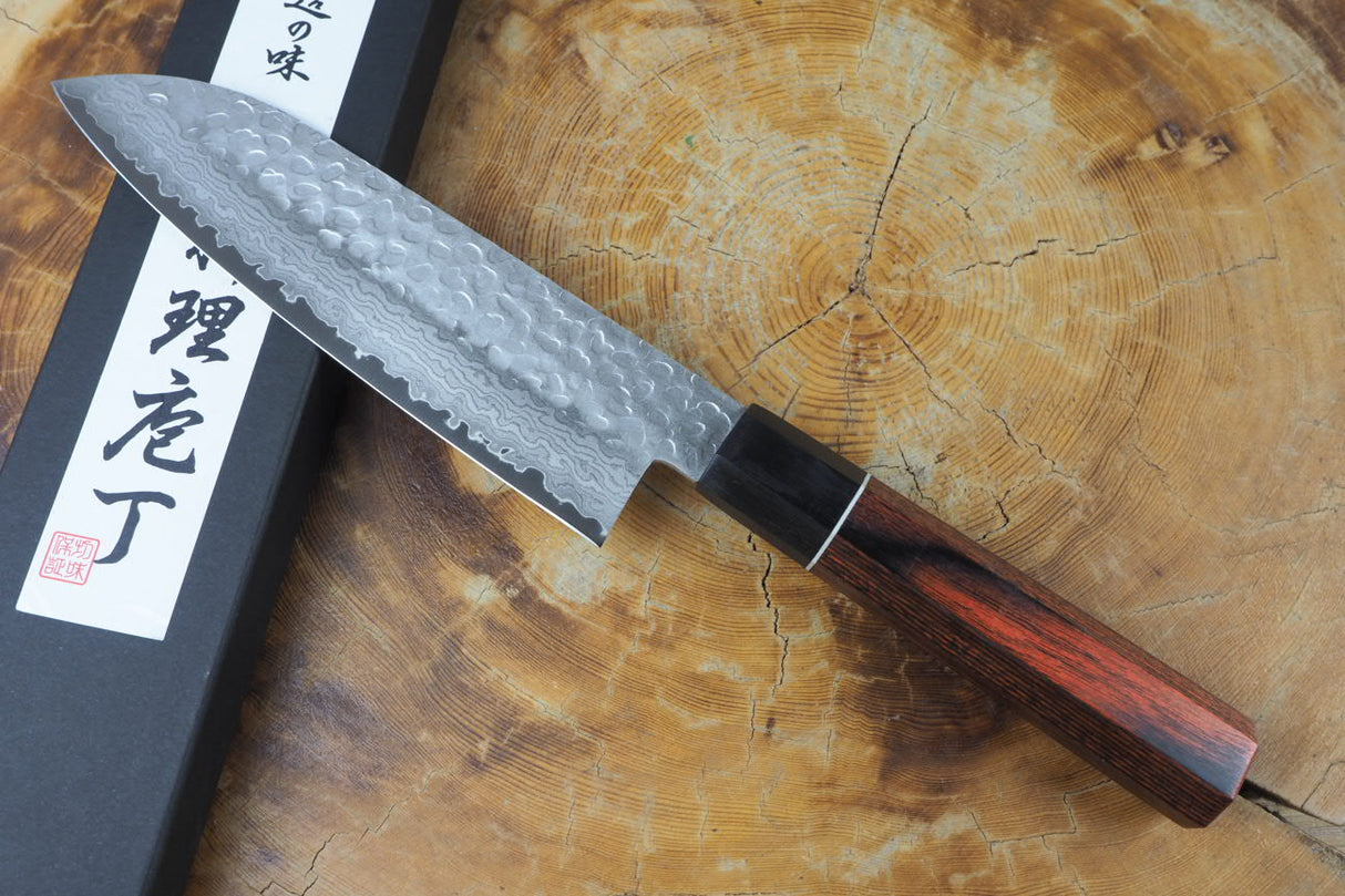 残心 Zan Shin Akatsuki (from Seki) - VG10 Santoku Knife Damascus Hammered Finish 17cm with Mahogany Handle