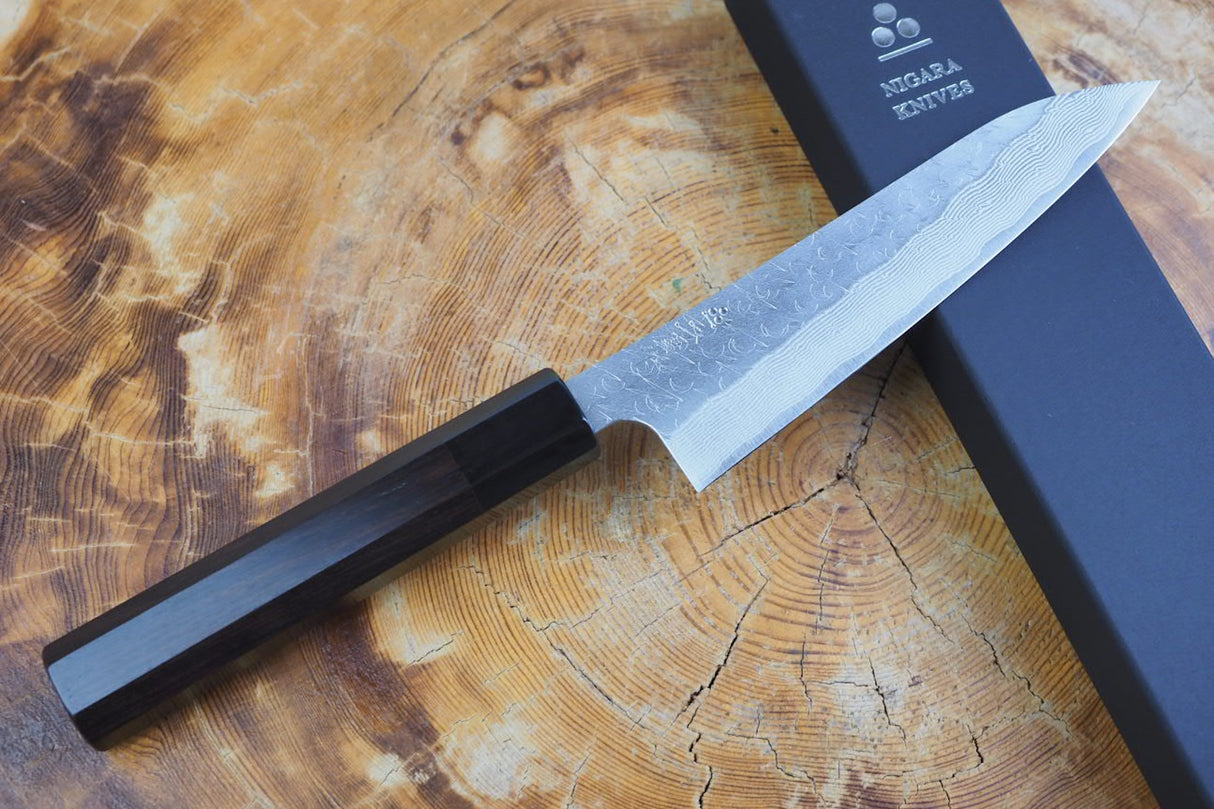 Nigara Hamono - SPG Strix Damascus Petty with Ebony Handle 13.5cm