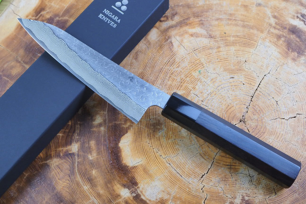 Nigara Hamono - SPG Strix Damascus Petty with Ebony Handle 13.5cm