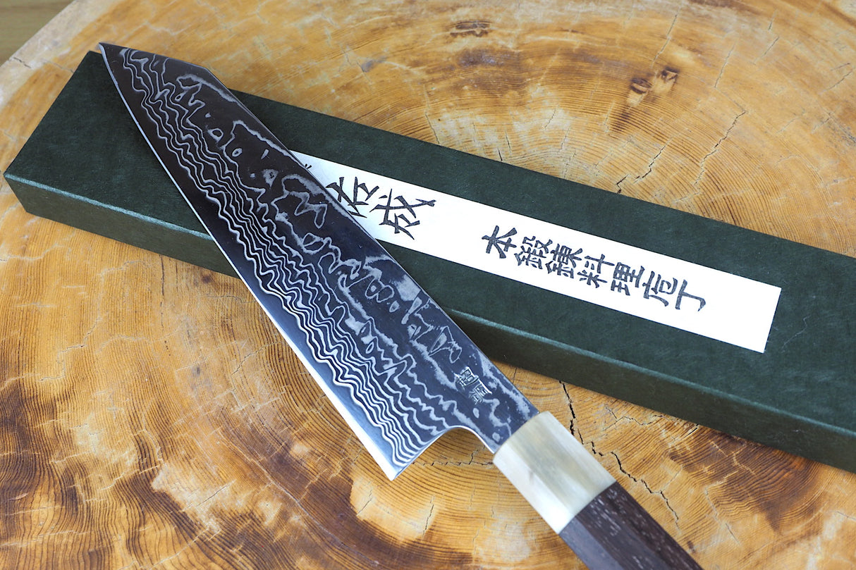 Sukenari ZDP189 Mirror-Polished Damascus Powdered High Speed Steel Kiritsuke (K-tip) Gyuto Chef's knife (21cm) with Rosewood & Buffalo Horn Handle