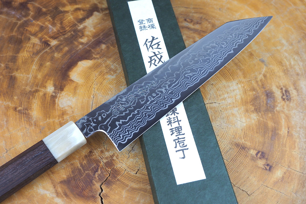 Sukenari ZDP189 Mirror-Polished Damascus Powdered High Speed Steel Kiritsuke (K-tip) Gyuto Chef's knife (21cm) with Rosewood & Buffalo Horn Handle