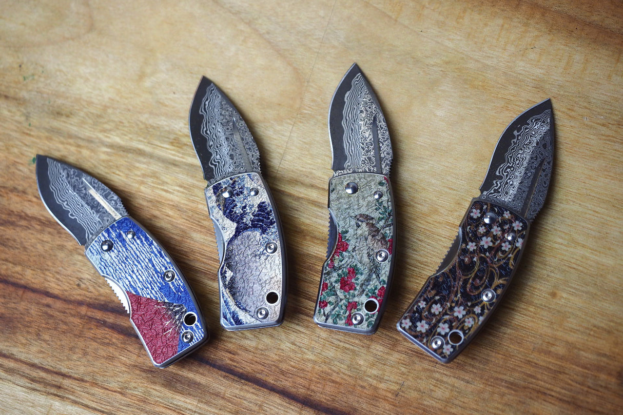 Money Clip Knife - UKIMON Ukiyo-e Prints Damascus VG10 Core Steel (Mt.Fuji/Blue Wave/Cherry Blossom/Camellia)