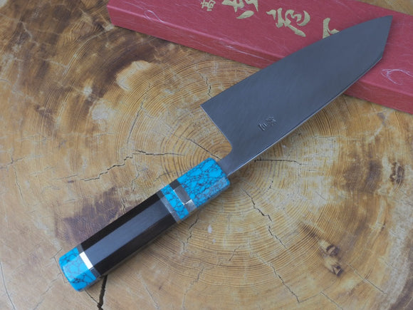 Sakai Jikko "Shikou" Ginsan Silver-3 Steel Kiritsuke(K-tip)Deba Knife  with Ebony and Turquoise-Colour handle (15cm)