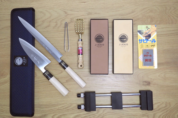 Sakai Jikko 2 knife set with case & whetstone bundle - White-3 Steel Sashimi (24cm) and Deba (15cm)