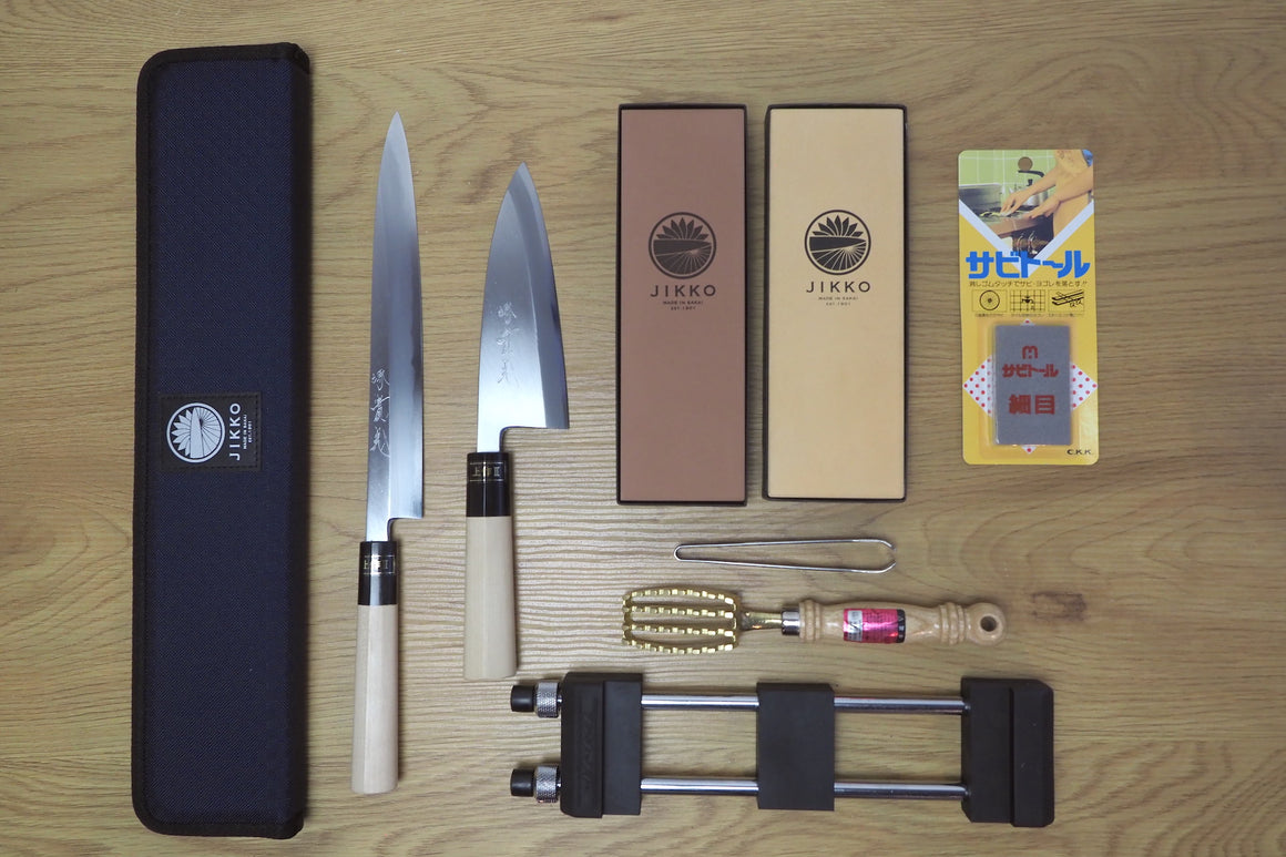 Sakai Jikko 2 knife set with case & whetstone bundle - White-3 Steel Sashimi (24cm) and Deba (15cm)