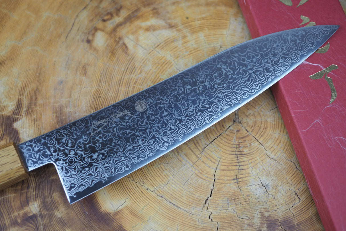 Sakai Jikko "Loco Damascus" Wa-Gyuto Knife SG2 Powdered High Speed Steel Mirror-Polished Nickel Damascus with Japanese Oak Handle (21cm)