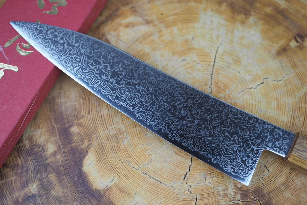 Sakai Jikko "Loco Damascus" Wa-Gyuto Knife SG2 Powdered High Speed Steel Mirror-Polished Nickel Damascus with Japanese Oak Handle (21cm)