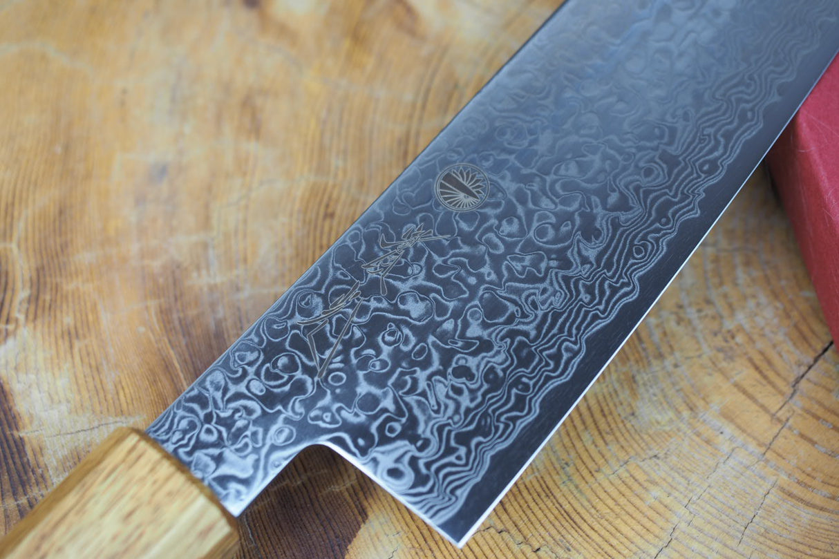 Sakai Jikko "Loco Damascus" Wa-Santoku Knife SG2 Powdered High Speed Steel Mirror-Polished Nickel Damascus with Japanese Oak Handle (16.5cm)