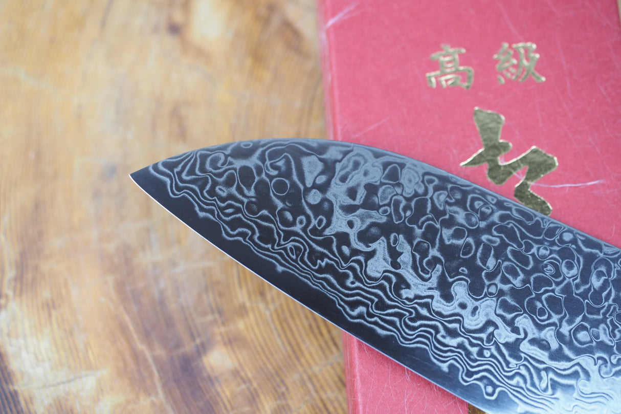 Sakai Jikko "Loco Damascus" Wa-Santoku Knife SG2 Powdered High Speed Steel Mirror-Polished Nickel Damascus with Japanese Oak Handle (16.5cm)