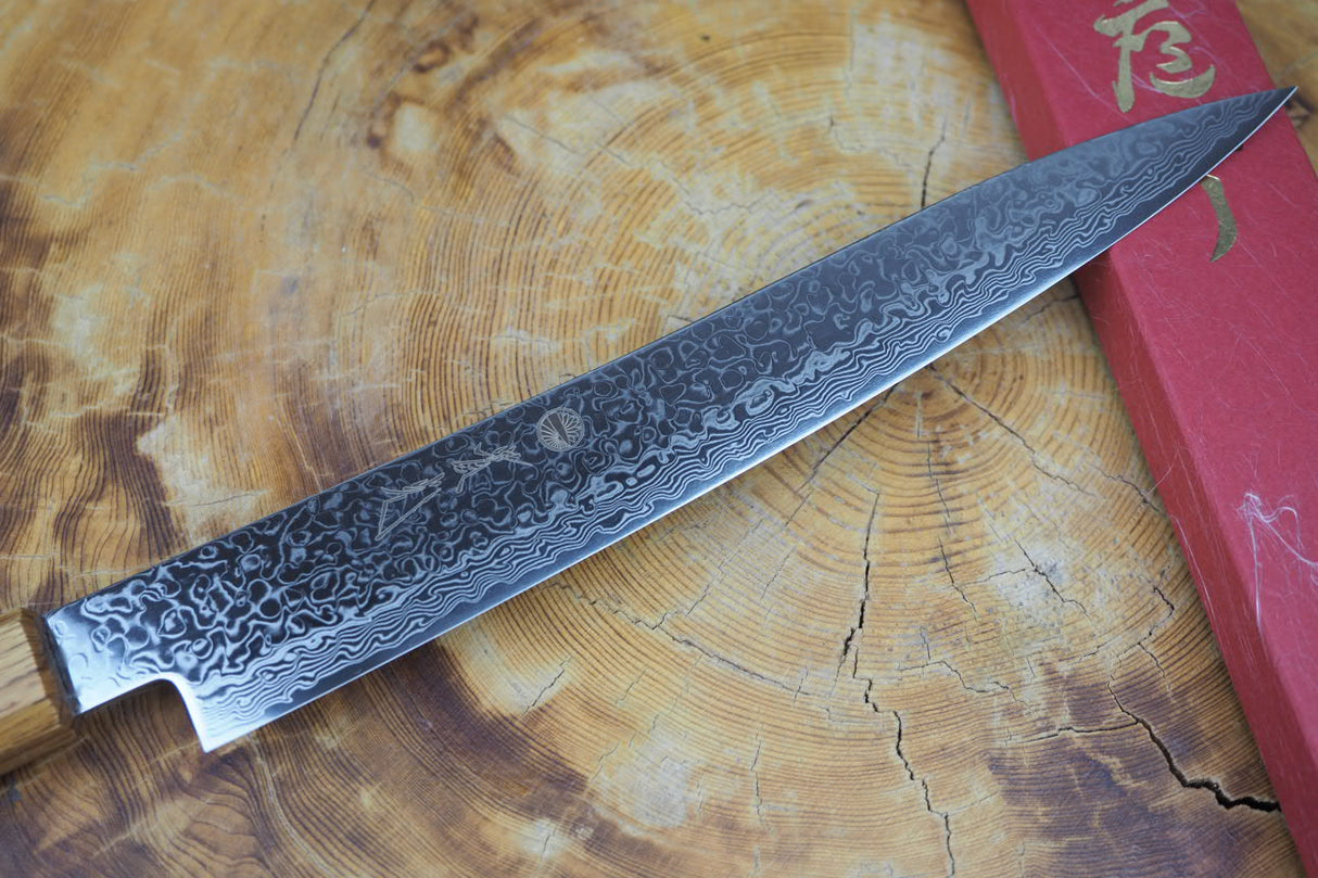 Sakai Jikko "Loco Damascus" Wa-Sujihiki Carving/Slicer SG2 Powdered High Speed Steel Mirror-Polished Nickel Damascus with Japanese Oak Handle (24cm/27cm)