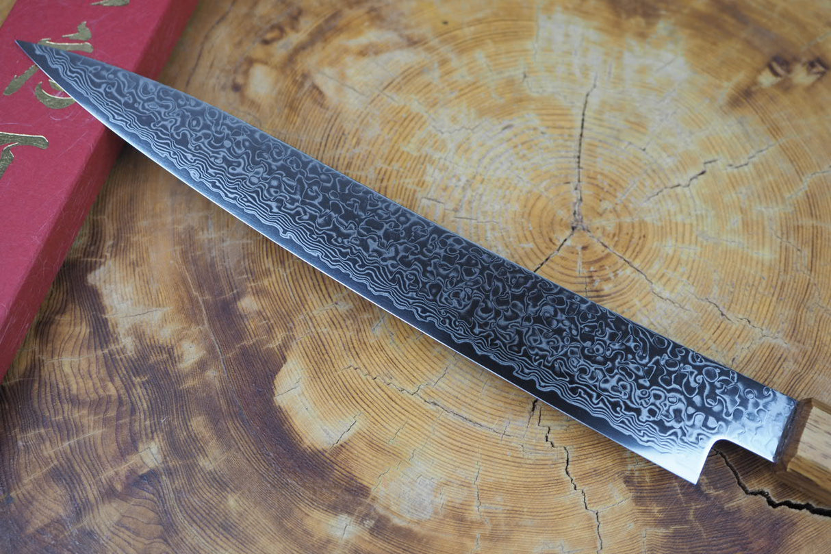 Sakai Jikko "Loco Damascus" Wa-Sujihiki Carving/Slicer SG2 Powdered High Speed Steel Mirror-Polished Nickel Damascus with Japanese Oak Handle (24cm/27cm)