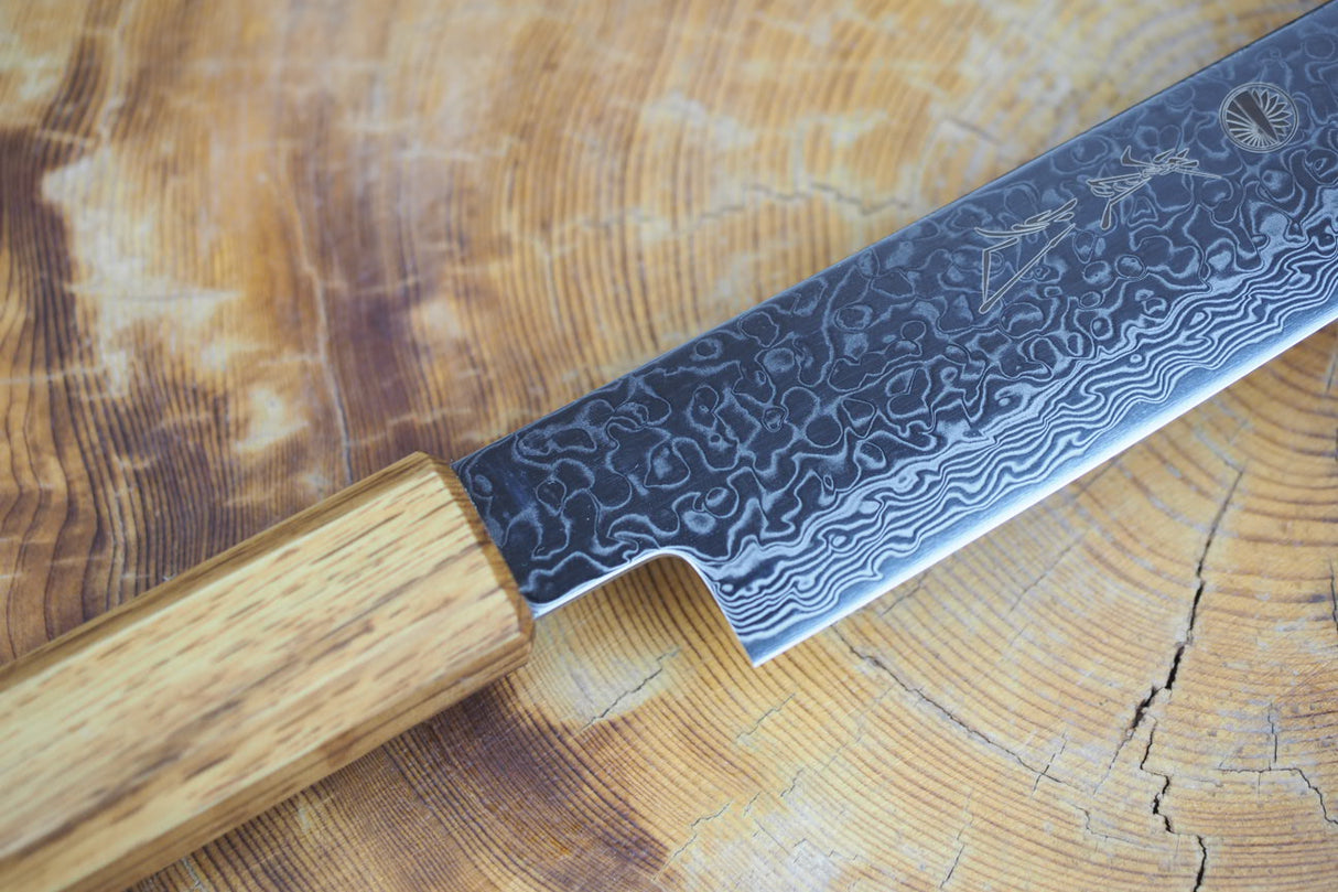 Sakai Jikko "Loco Damascus" Wa-Sujihiki Carving/Slicer SG2 Powdered High Speed Steel Mirror-Polished Nickel Damascus with Japanese Oak Handle (24cm/27cm)