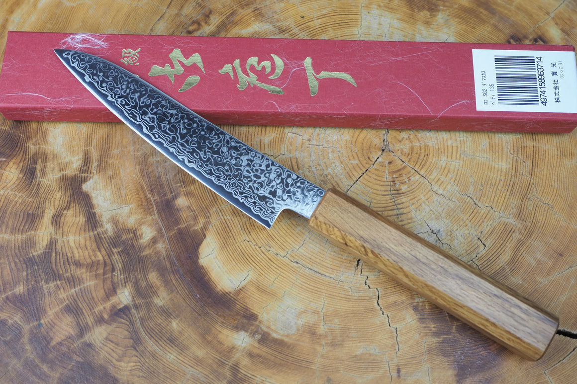 Sakai Jikko "Loco Damascus" Wa-Petty Knife SG2 Powdered High Speed Steel Mirror-Polished Nickel Damascus with Japanese Oak Handle (13.5cm)