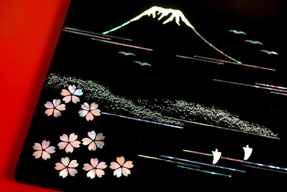 Raden Lacquer Interior Art Panel - Mt.Fuji and Cherry Blossoms (30x30x2cm)