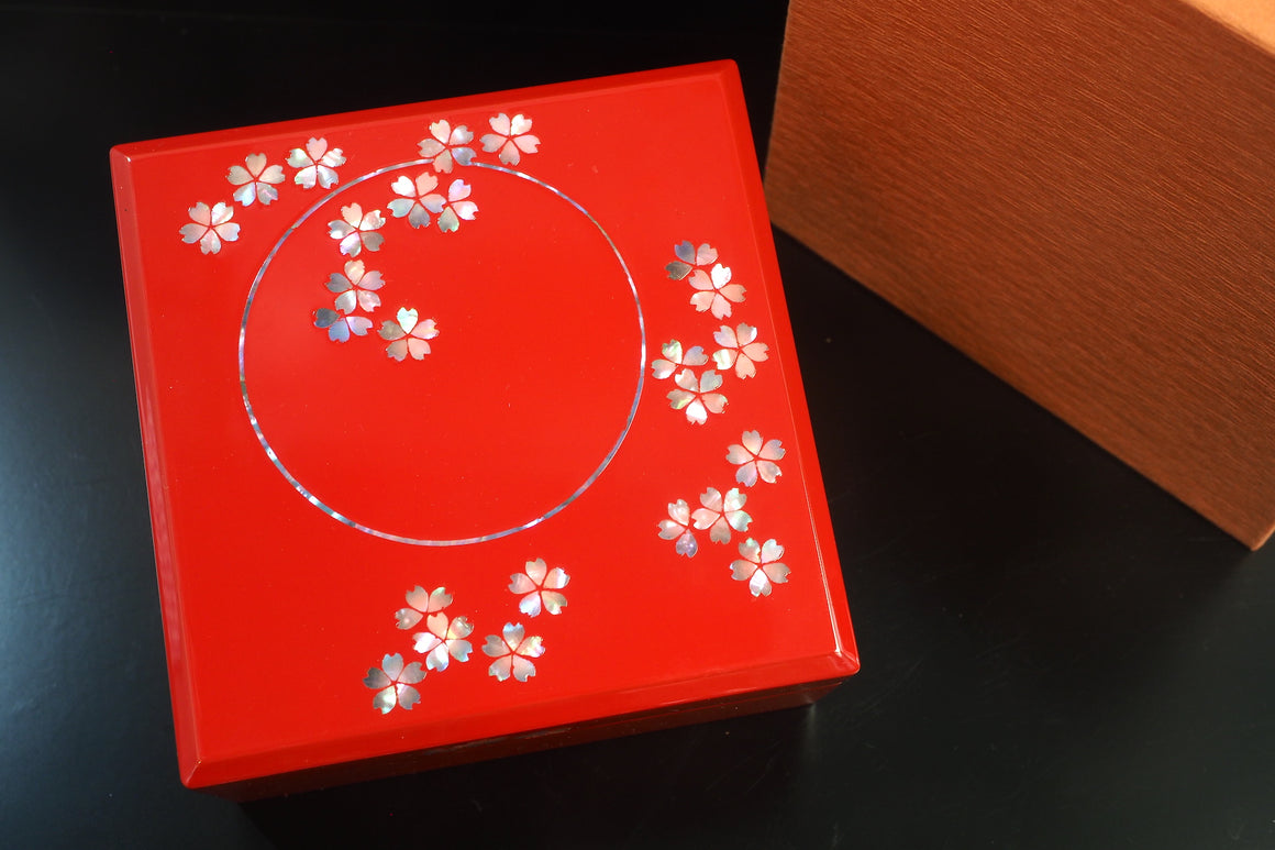 Raden Lacquer Jewel Box - Cherry Blossom Pattern (red) (13.3x13.3x6.3cm)