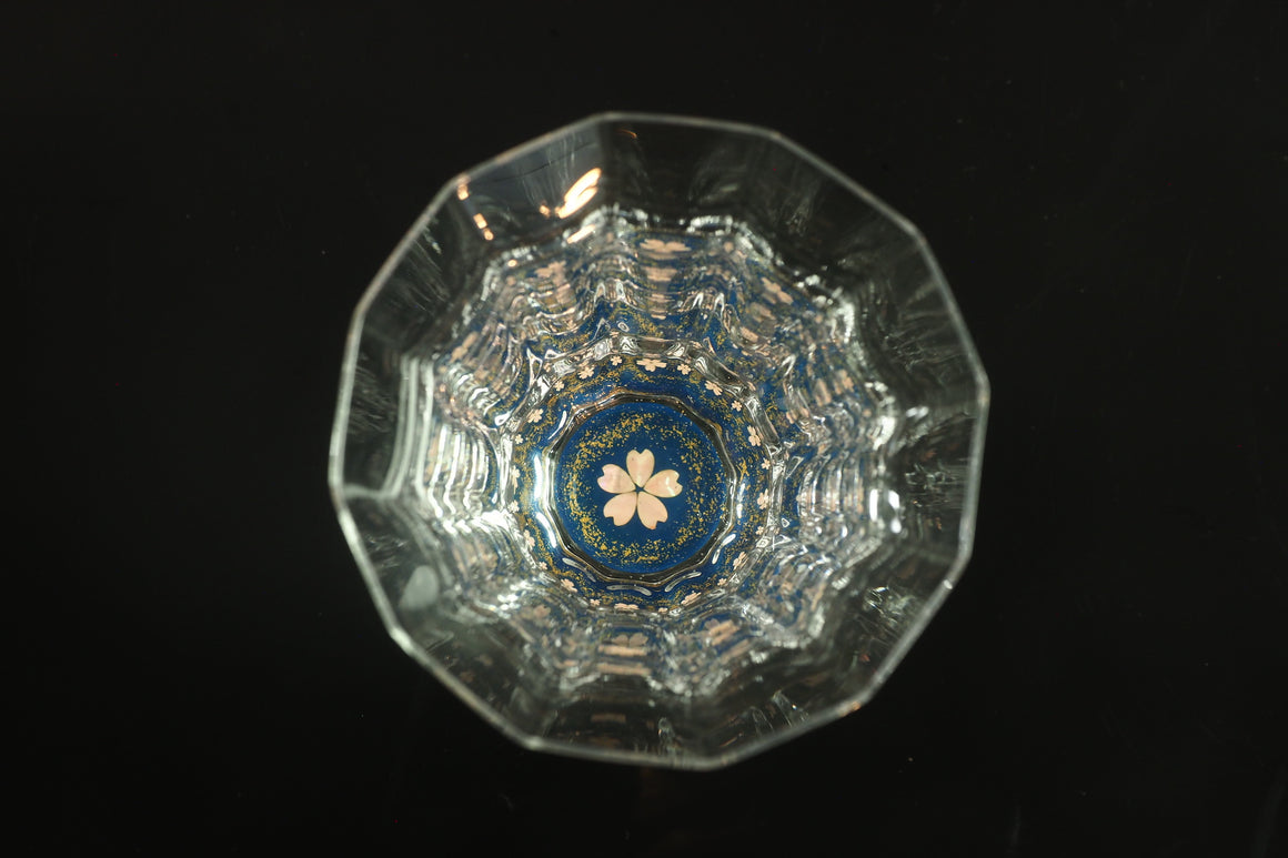 "Raden" Lacquer Coated Glass 150ml - Kaleidoscope Glass with Cherry Blossoms Pattern (blue)