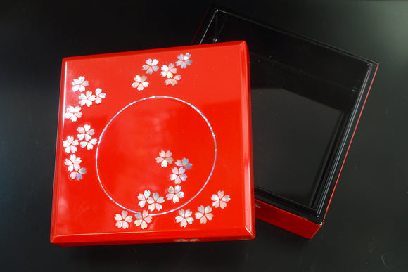 Raden Lacquer Jewel Box - Cherry Blossom Pattern (red) (13.3x13.3x6.3cm)