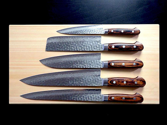 5 Knife Set: Jikko VG10 Damascus Sujihiki (24cm), Gyuto (24cm), Santoku (18cm), Nakiri (16cm), Petty (13.5cm)