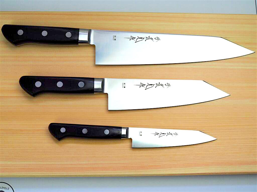 3 Knife Set: Sakai Jikko "Ginsan" Silver 3 Steel Kiritsuke (K-tip) Gyuto (23cm), Santoku (17cm), Petty (11cm)