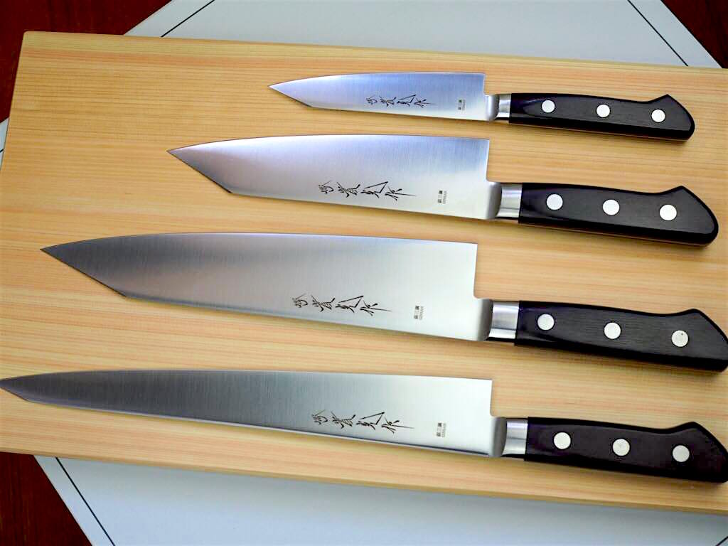4 Knife Set: Sakai Jikko "Ginsan" Silver 3 Steel Kiritsuke (K-tip) Sujihiki (26cm), Gyuto (23cm), Santoku (17cm), Petty (11cm)