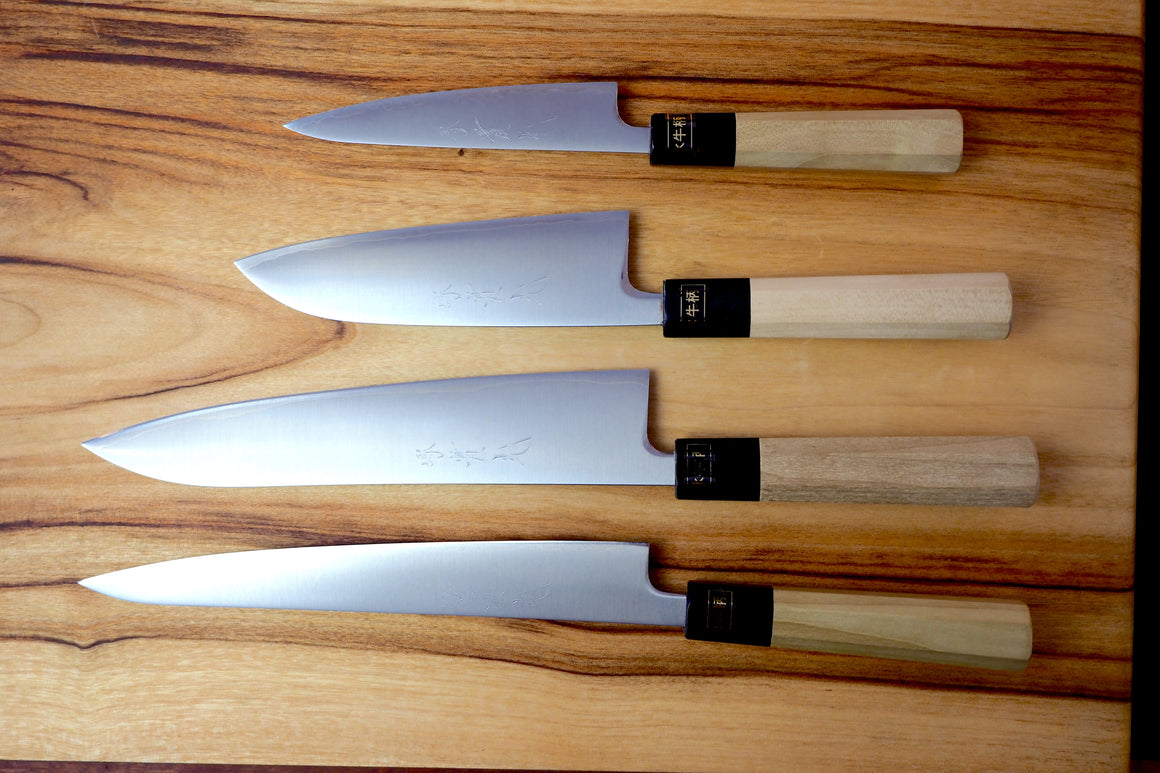 4 Knife Set: Jikko R2 Powdered High Speed Steel knives (Petty 13.5cm/Santoku 16.5cm/Gyuto 24cm/Sujihiki 24cm)