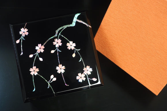 Raden Lacquer Jewel Box - Cherry Blossom Pattern (black) (11.2x11.2x5.6cm)