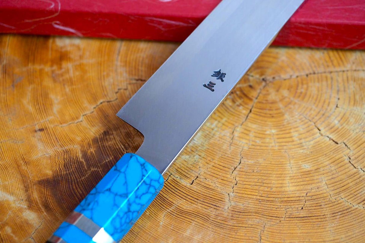 Sakai Jikko "Shikou" Ginsan Silver-3 Steel Sashimi Knife (Sakimaru-type) with Ebony and Turquoise-Colour handle (27cm)