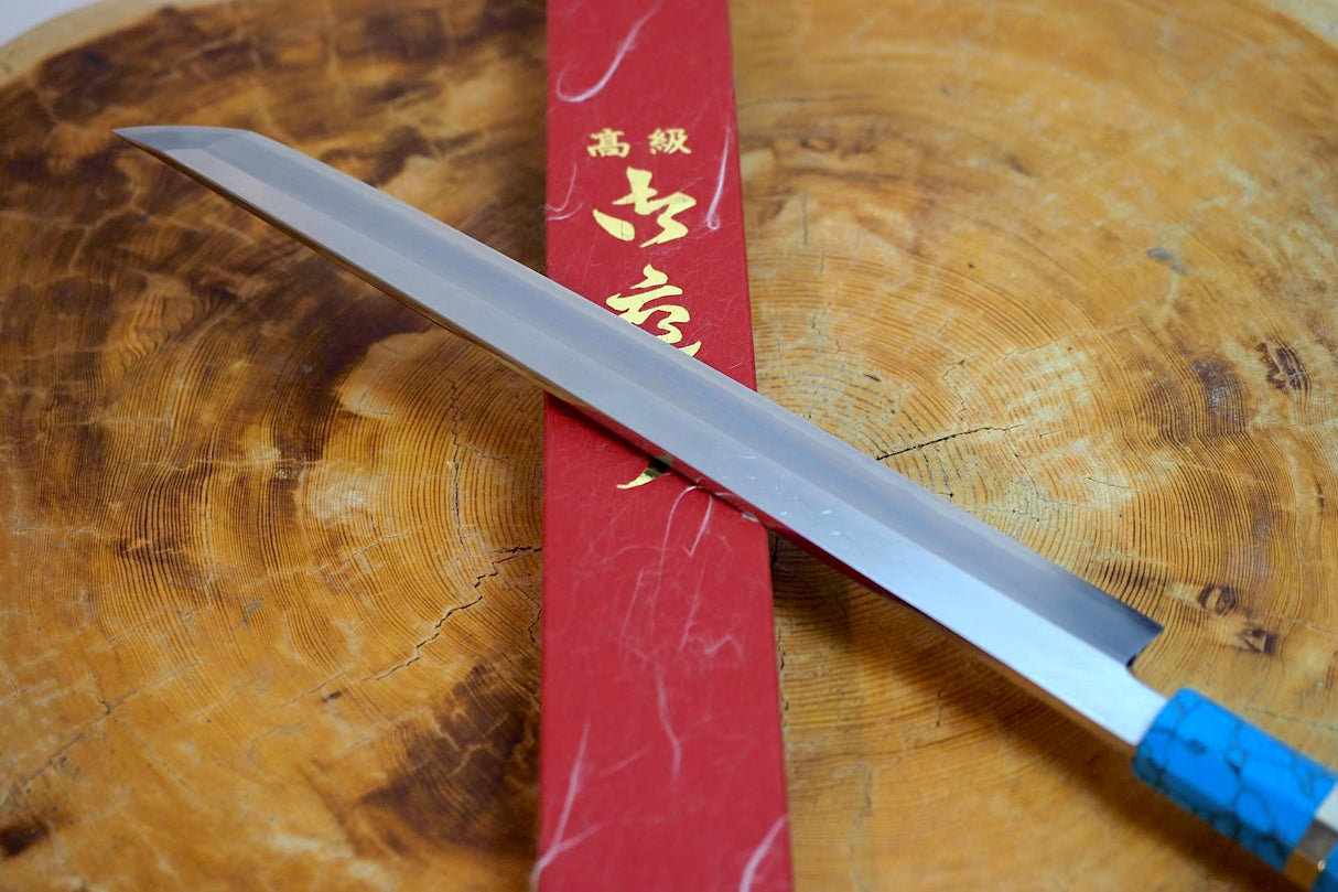 Sakai Jikko "Shikou" Ginsan Silver-3 Steel Sashimi Knife (Sakimaru-type) with Ebony and Turquoise-Colour handle (27cm)