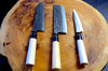 3 Knife Set: Jikko VG1 Wa-Santoku, Nakiri and Petty Hammered Finish with Magnolia & Buffalo Horn Handle
