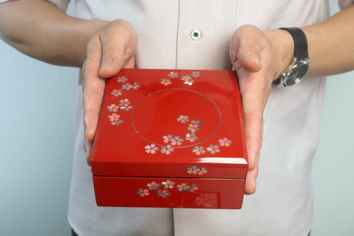 Raden Lacquer Jewel Box - Cherry Blossom Pattern (red) (13.3x13.3x6.3cm)