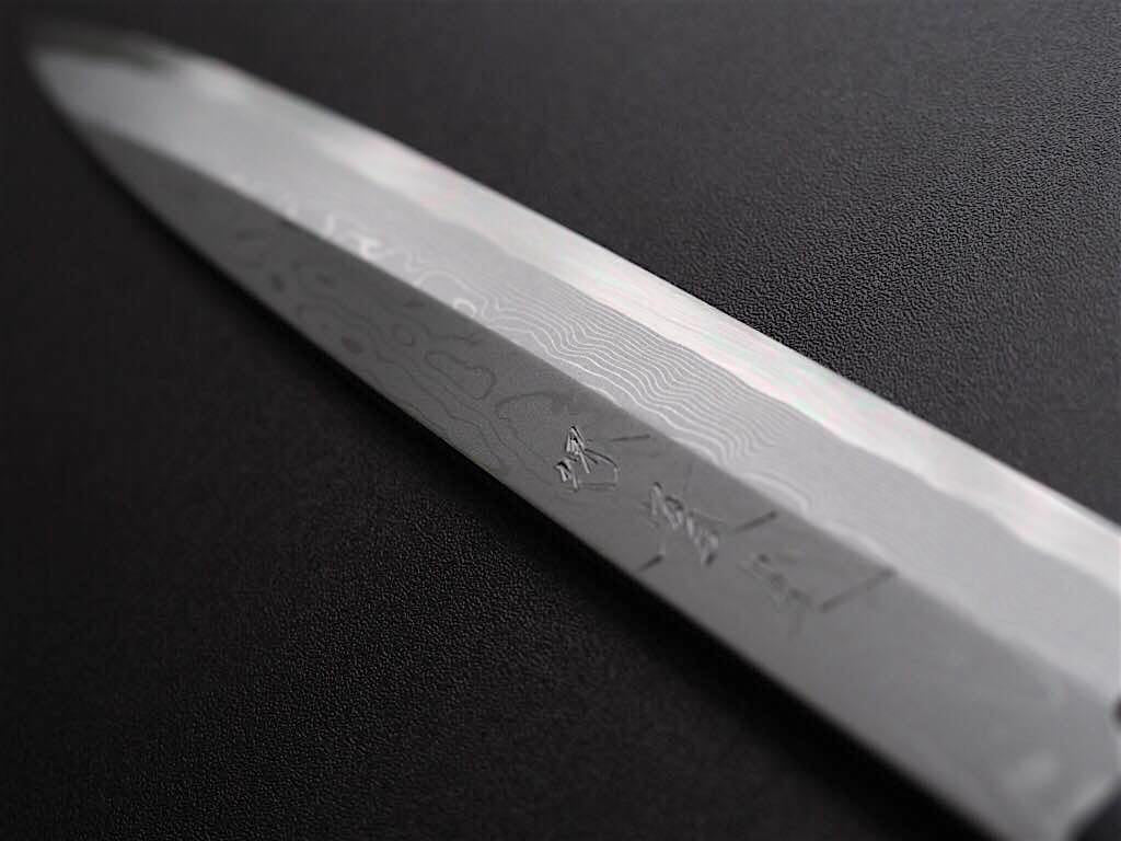 Sakai Jikko Sashimi (Yanagiba) Knife-Blue-1 Steel Damascus with Ebony Handle (27cm)