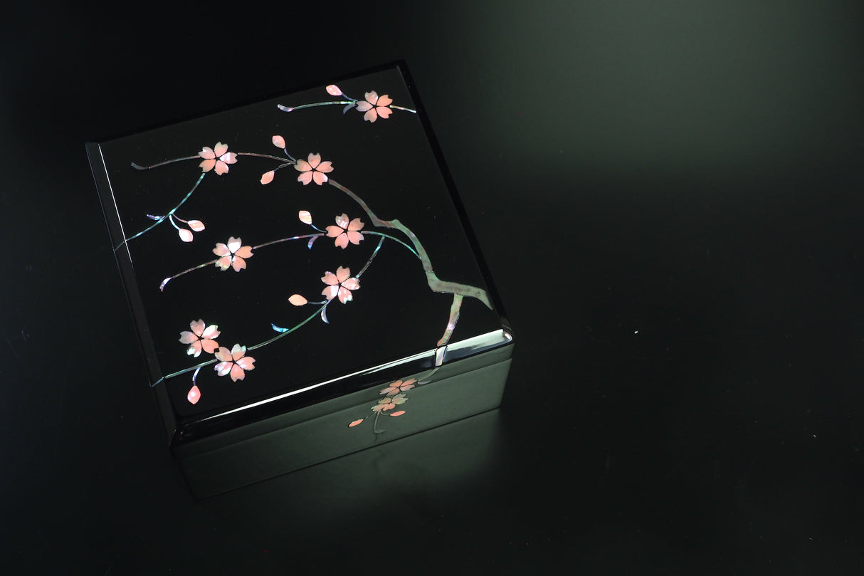 Raden Lacquer Jewel Box - Cherry Blossom Pattern (black) (11.2x11.2x5.6cm)