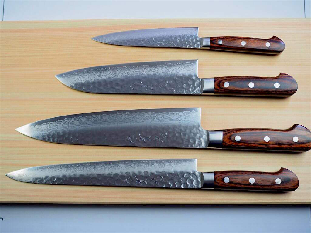 4 Knife Set: Jikko VG10 Damascus Sujihiki (24cm), Gyuto (24cm), Santoku (18cm), Petty (13.5cm)