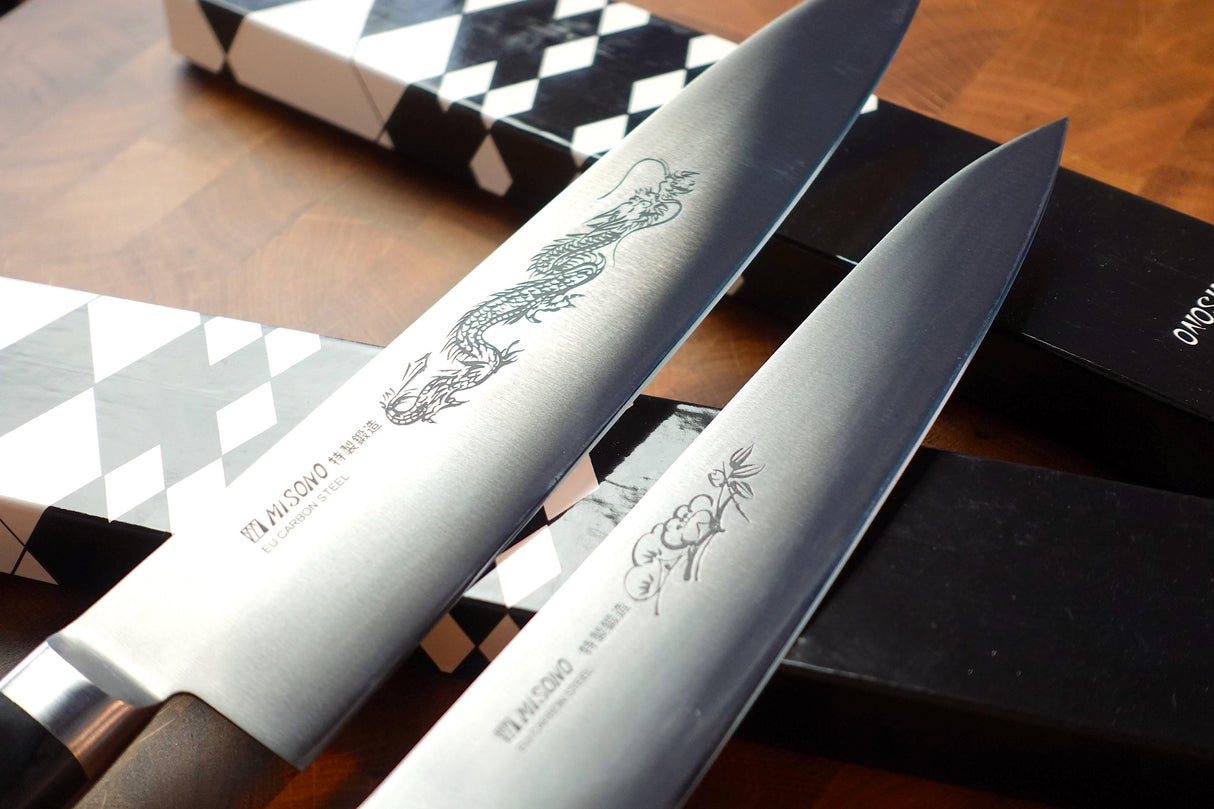 Misono EU Carbon Steel Gyuto Chef's Knife with Dragon/Flower Engraving (21cm/24cm)