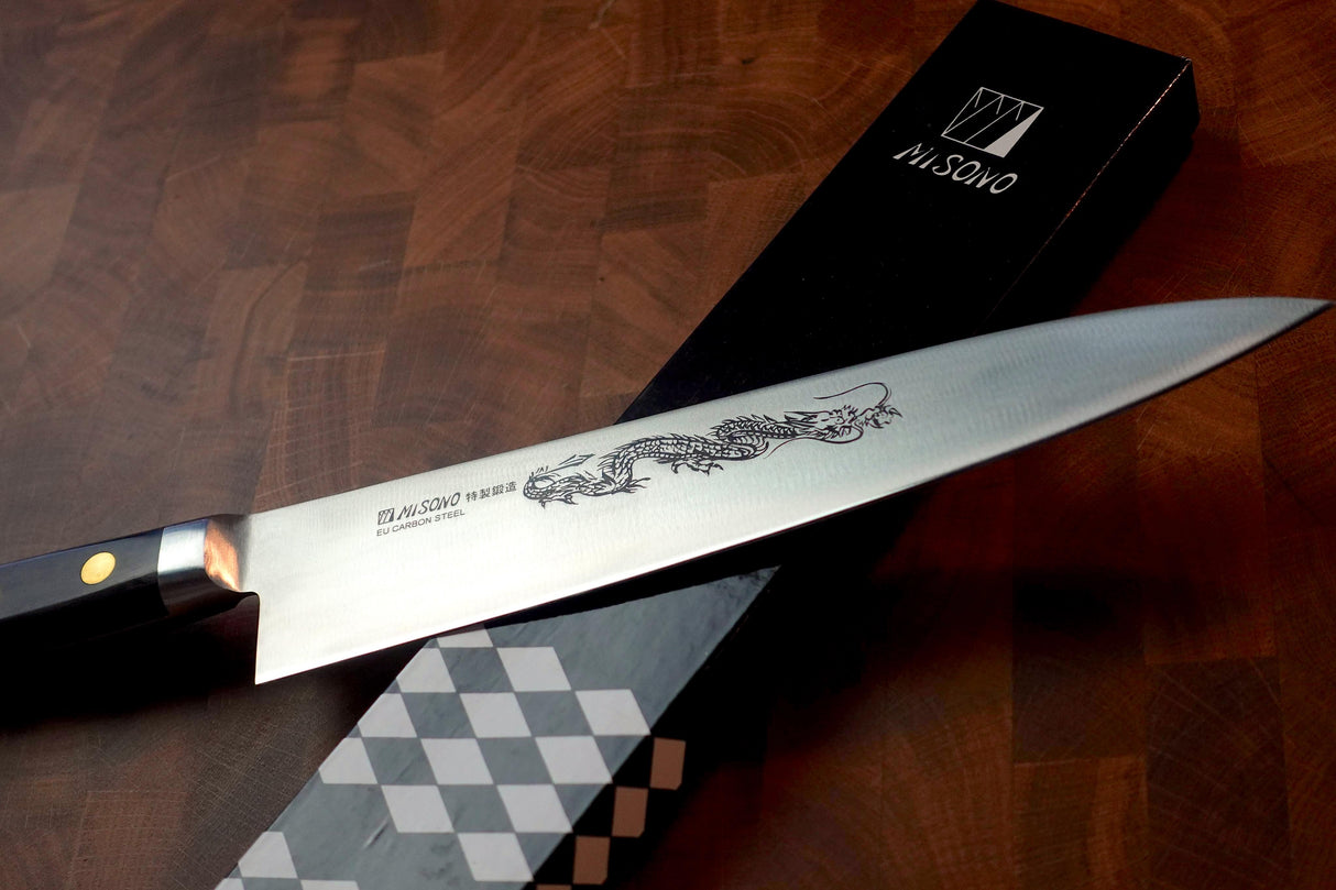Misono EU Carbon Steel Gyuto Chef's Knife with Dragon/Flower Engraving (21cm/24cm)