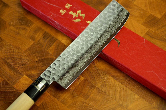 Sakai Jikko "Wa-Nakiri" Vegetable Knife VG10 Core and Damascus Steel Hammered Finish (16cm) with Magnolia & Buffalo Horn Handle