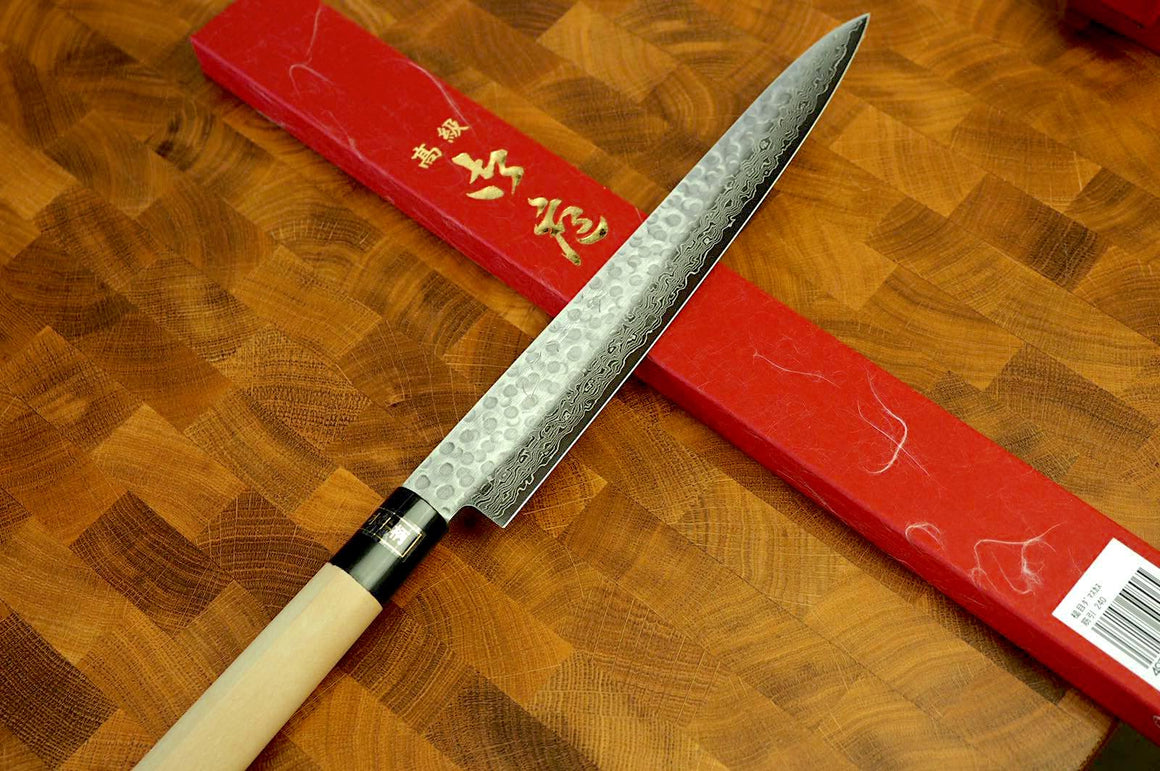 Sakai Jikko "Wa-Sujihiki" Slicer/Carving Knife VG10 Core and Damascus Steel hammered finish (24cm) with Magnolia & Buffalo Horn Handle